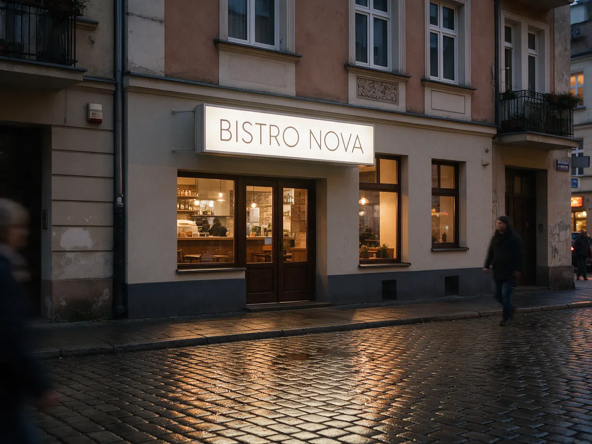 Kaseton LED nad wejściem do restauracji — wizualizacja poglądowa