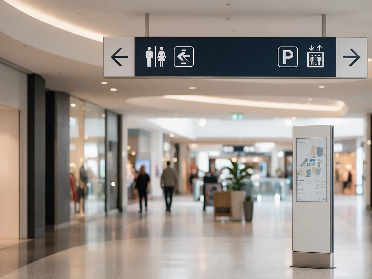 Oznakowanie kierunkowe w centrum handlowym — wizualizacja poglądowa