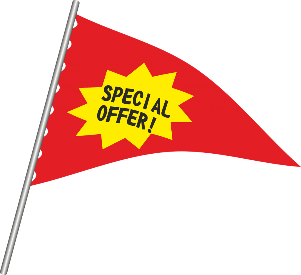 Czerwona flaga reklamowa (proporzec) z napisem SPECIAL OFFER
