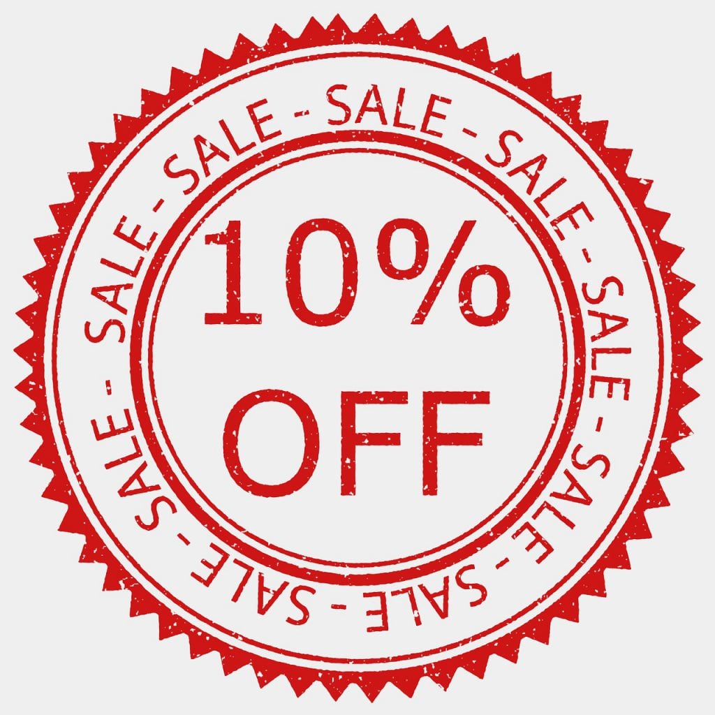 Czerwona pieczątka reklamowa z napisem 10% OFF, symbol promocji sprzedażowej