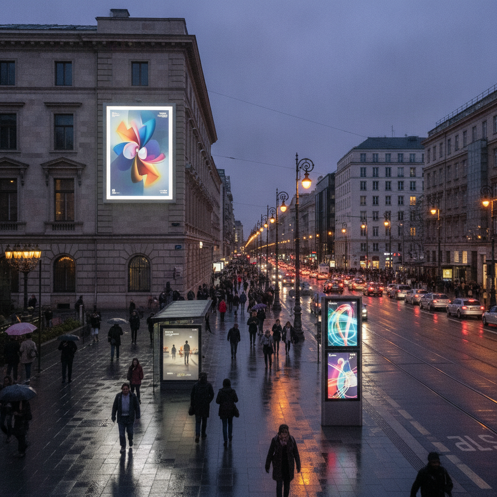 Ilustracja koncepcyjna: porownanie nosnikow reklamy zewnetrznej OOH - banery, kasetony, litery przestrzenne i ekrany DOOH